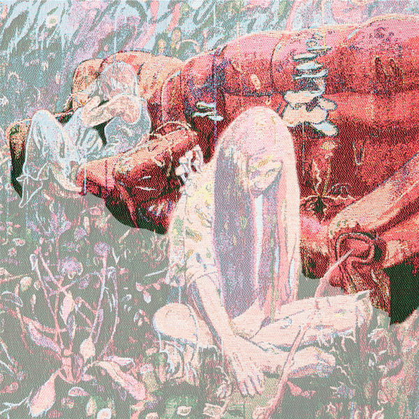 Zoomed section of the Little Comfort tapestry panel which highlights a red sofa